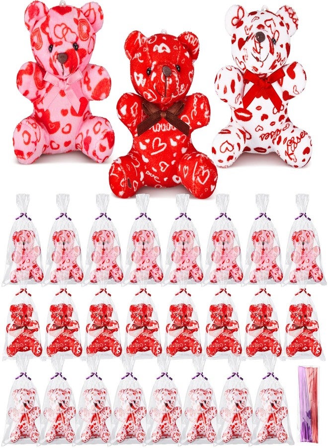 Lunmon 24 Pcs Valentines Day Plush Bear with Gift Bag Mini Stuffed Bears with Heart Pattern Mini Stuffed Animal for Valentine's Day Gifts Birthday School Graduation Party Favor, 4 Inch, Red Pink White - Image 1